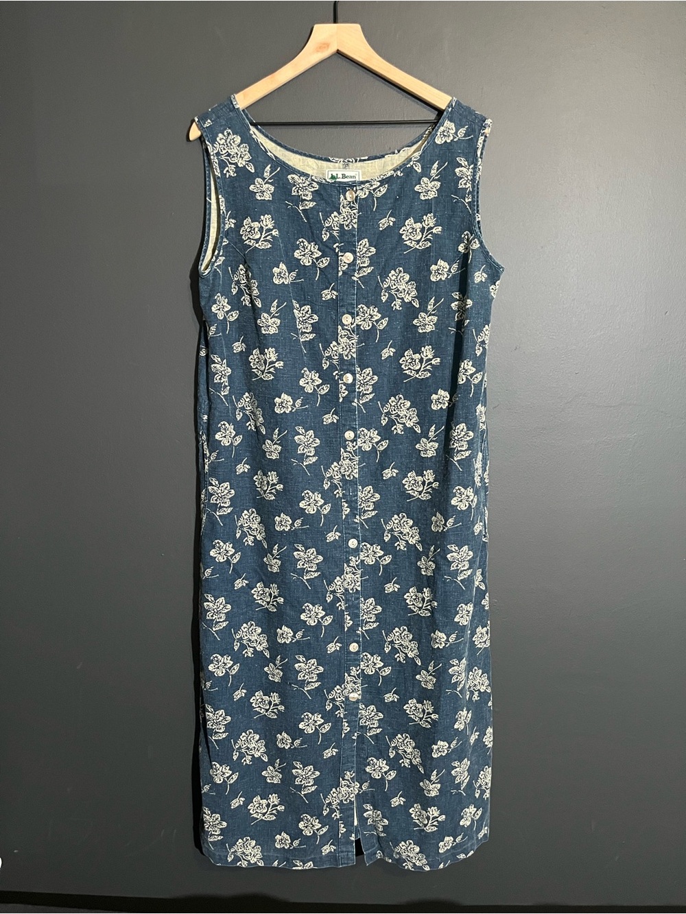 Vintage L.L.Bean Floral Denim Midi Dress Button Front Pockets Blue - Size XL